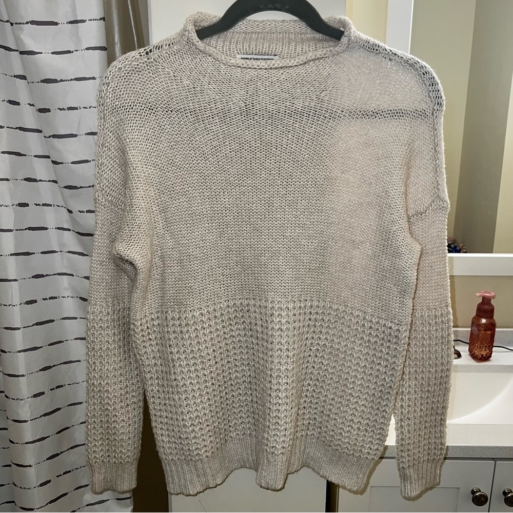 AMERICAN EAGLE sweater waffle knit mockneck cream tan neutral drop shoulder cozy - Picture 1 of 10